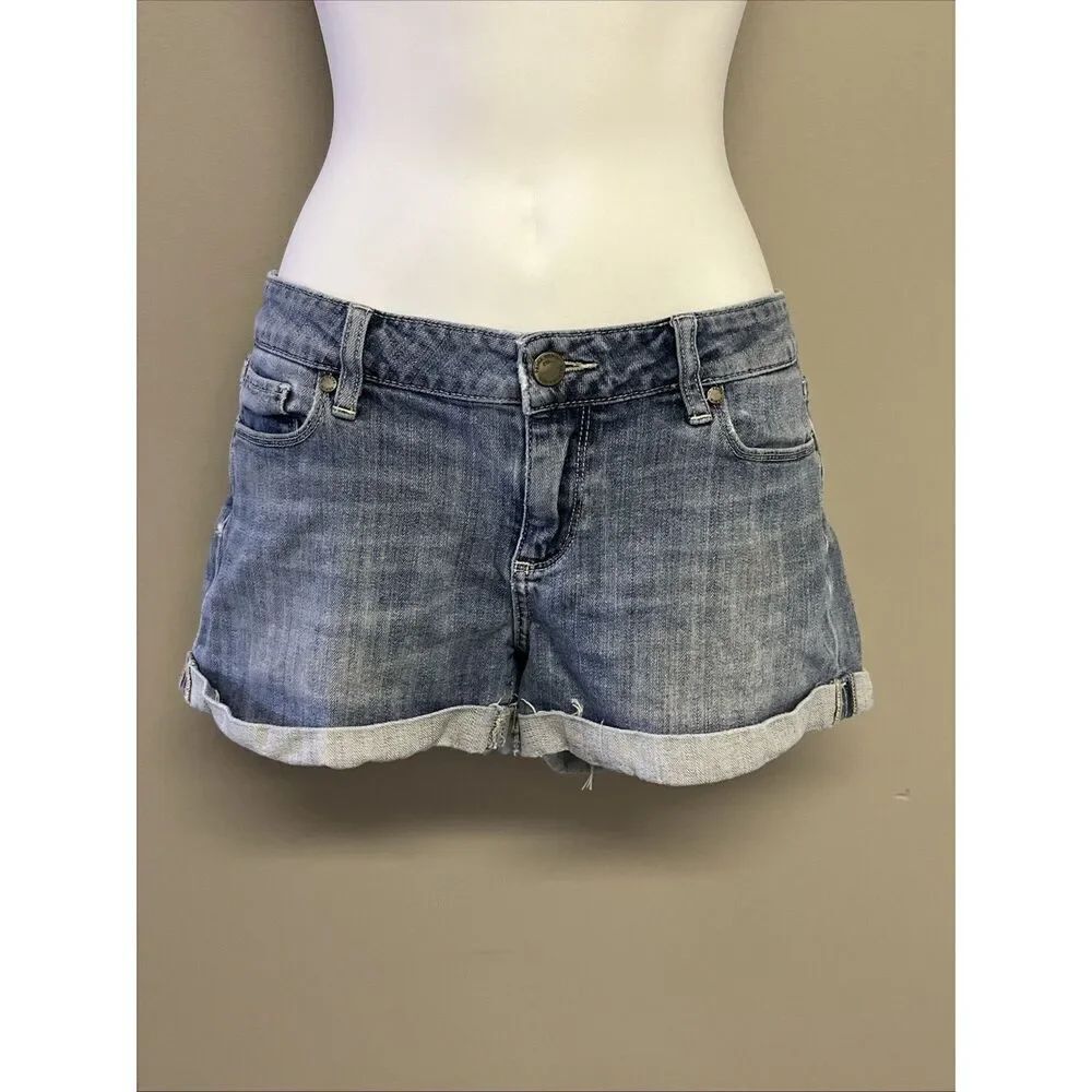 Paige Rolled Cuff Hem Distressed Jean Shorts Medium Wash Denim Cotton Stretch Wa